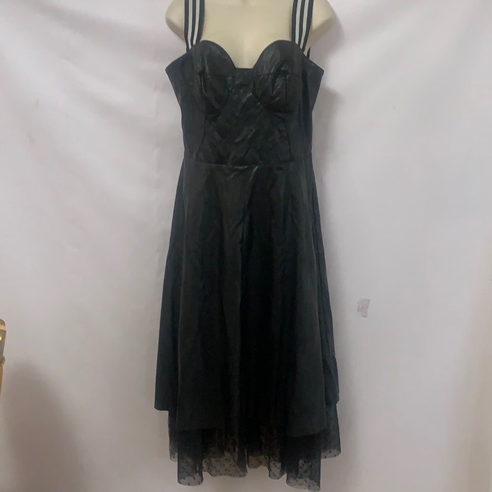 ASOS FAUX LEATHER BLACK ELASTIC SLEEVELESS DRESS WITH LACE SLIP SIZE 10